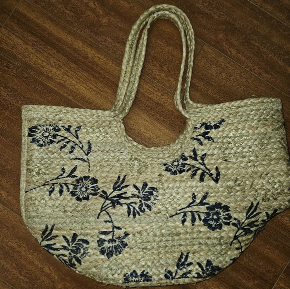 NEW Floral Woven Tote Bag - Natural, Blue And Gold Made In India - Picture 5 of 8